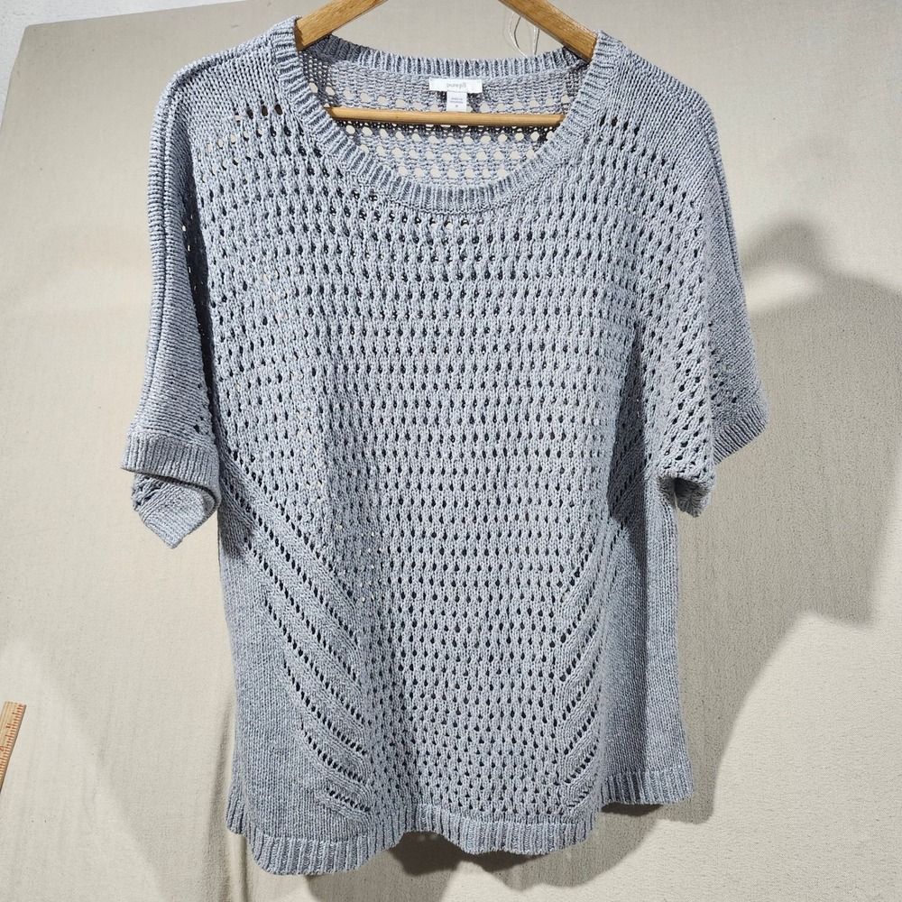 Pure Jill Womens Pointelle Open Knit Short Sleeve Sweater Blue Grey Medium